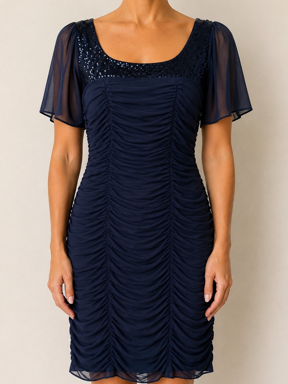 Victor Costa Navy Ruched Sequin Mesh Special Occasion Dress Size 6
